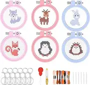 6Pcs Embroidery Kit for Kids - DIY Key Chain Cross Stitch with Woodland Animal Patterns, Flower Cross Stitch Kit, Embroidery Stitch Practice Kit for Beginners Adults