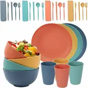 32pcs Wheat Straw Dinnerware Sets, Unbreakable Microwave Dishwasher Safe Tableware Dish Set, Lightweight Plates And Cereal Bowls Cups Sets, Reusabl...
