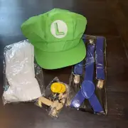 Nintendo Super Mario Brothers Luigi OS Hat Gloves Suspenders Mustache Buttons