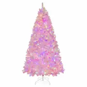 Costway 2.15M Pink Flocked Christmas Tree Hinged Xmas Tree Pre-Lit Decoration w/1200 PVC Branch Tips&500 LED Lights
