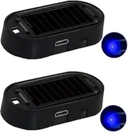 ANKIA 2PCS Solar Power Fake Car Alarm LED Light, Simulated Dummy Warning Anti-Theft LED Flashing Security Light, Car Alarm System Lamp with USB Port, 2 Blue Lights (Black)