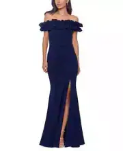 AQUA Ruffled Off The Shoulder Formal Dress Women's 8 Navy Ruched Slit Lined Zip