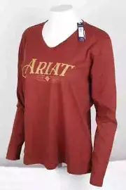 Ariat Women's Real T Shirt Vibrant S Small Relaxed Fit V Long Sleeve Fired Brick