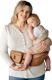 HACKERLILY HipSurfer Hip Seat Baby Carrier & Bum Bag for 0-3 Years Babies - Multi-Award Winning, Ergonomic Baby Hip Carrier in Australia for Newborns & Toddlers, Vegan Leather, Inbuilt Storage (TAN)
