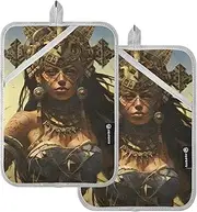 AIXIWAWA Aztec Warrior Pot Holders 2 Pack, Insulated Heat Resistant Hot Pads Oven Mitts with Pocket for Kitchen Cooking Baking 7x9.8 inches