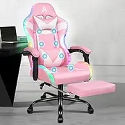 ALFORDSON Gaming Office Chair with 12 RGB LED Lights & 8 Point Massager Lyam Series, PU Leather Racing Computer Chair with Lumbar Support Footrest, Ergonomic Executive Desk Chair for Gamers, Pink