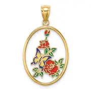 14k Yellow Gold Enamel Yellow Butterfly in Oval Red Flower Charm