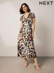 Brown Cow Animal Print Flutter Sleeve V-Neck Tie Waist Maxi Dress (AW4068) | $103