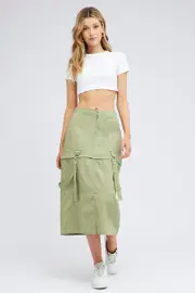 Green Cargo Skirt High Rise Elastic Two-way Midi Mini - Size 6, Women's Midi Skirt
