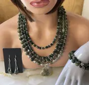 Layered Green Agate Necklace Earring Bracelet Set