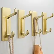 Josmimic Adhesive Towel Hooks: Heavy Duty 12LB Wall Hooks, for Coat/Robe Stick on Bathroom, Gold, 4-Pack, Stainless