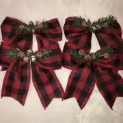 Set of 4 Christmas Red and Black Plaid Bows with Pinecones/Frosted Berries New