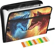 Quteprint 13 Pockets Expanding File Folder with Zipper Closure, Fire Two Wolves Wolf Accordion File Folder with Sticky Labels, Letter Size A4 Papers Expandable File Document Organizer