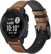 Leather Watch Band for Garmin Instinct/Instinct 2 Solar, Soft Genuine Leather with Silicone Sweatproof Wrist Strap for Garmin Instinct Tactical/Tide/Esports/Instinct Solar-Max Wrist 8.1"