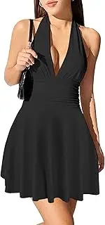 [Generic] Women's Summer Sundress Sleeveless Halter Neck Spring with Pocket Elastic Waist Ruffle Mini Dresses 2025