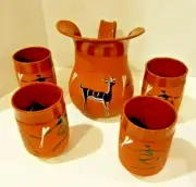 Studio Arts Council Terracotta Pitcher w/Horse & Dancers w 4 Matching Cups