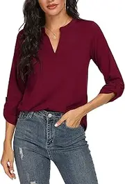 [AILLOSA] Women's Chiffon Shirt Four Seasons V Neck Shirt Tops