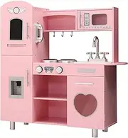 Keezi Wooden Play Kitchen, Pink Pretend Toy Kitchen for Toddlers, Kids Kitchen 8 Accessories Set for Girls Boys, Age 3+