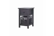 Bedside Table with Drawer and Wicker Basket Grey