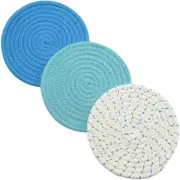 Catzon 3 Pcs Potholders Colorful Cotton Thread Weave Stylish Coasters Heat Insulation Table Mat by Diameter 18CM-Blue