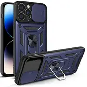 For Apple iPhone 14 Pro Case, Military Grade 360 Degree Rotating Metal Magnetic Ring Car Mount Holder Kickstand Shockproof Heavy Duty Cover (Navy Blue)