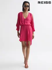 Reiss Bright Pink Anna Open Back Split Sleeve Mini Dress (A96977) | $395
