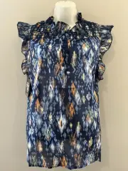 Buffalo David Bitton Blouse Short Sleeve Blue Floral Detail Size L 100% Cotton