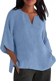 [Generic] Women's Shirt 3/4 Sleeve Summer V-Neck Charming T-Shirts Plain Linen T-Shirt Casual Loose Top Blouse for Beach Party Casual Breathable Tops
