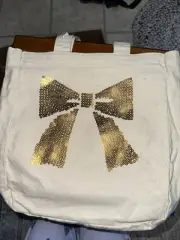 BATH & BODY WORKS Tote Bag Canvas Zip Gold Sequin Ribbon Bow Limited Edition
