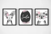 Set of 3 Girl Nursery Art Wall Prints, Custom Floral Australian Animals Wall Art