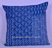 Indigo Blue Floral Block Print Patchwork Cushion Pillow Cover Indian Throw Decor