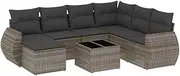 vidaXL Grey Poly Rattan Modular Outdoor Garden Sofa 8-Piece Set with Cushions, Storage, and Tempered Glass Table for Patio Terrace Backyard Lounge