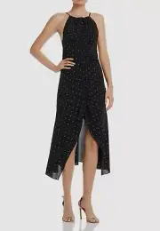 $685 Alice McCall Women's Black Polka-Dot Ruched Sleeveless Midi Dress Size US 0