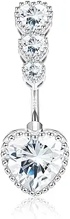 [Kakonia] 14G CZ Belly Bar 925 Sterling Silver Belly Button Bar for Women Round Heart Cubic Zirconia Belly Ring Belly Button Ring Navel Piercing Body Jewellery