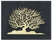 Tree of Life in Gold Color, Black Wooden Back, Modern Wall Art Decor 45x35cm