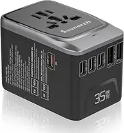 SAUNORCH Universal Travel Adapter, 7 in 1 International Power Plug Adapter with PD 35W 4 USB-C and 2 USB-A Fast Charging, AC Outlet Worldwide Wall Charger for AU to Europe UK Japan Travel