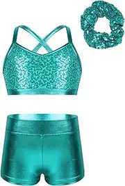 [Raenseen] Girls 3 Piece Dance Outfit Sequins Tank Top Bra With Shorts Hair Tie Set Gymnastics Tracksuit