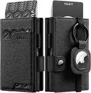 [VULKIT] Airtag Wallet with Keyring Mens Pop up Credit Card Wallet with Air Tag Holder Trifold ID Window RFID Blocking（Black）