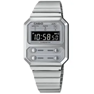 【CASIO 卡西歐】卡西歐 復古方型 計時碼錶 電子數位 不鏽鋼手錶 灰銀色 33mm(A100WE-7B)