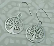 925 Sterling Silver Tree Of Life In Circle Hook Drop / Dangle Earrings