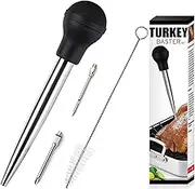 Stainless Steel Turkey Baster with Cleaning Brush - Food Grade Syringe Baster for Cooking & Basting with 2 Marinade Injector Needles - Ideal for Butter Dripping, Roasting Juices for Poultry (Black)
