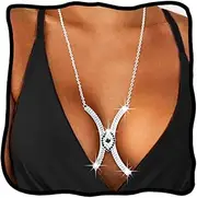 [Woeoe] Rhinestone Chest Bracket Bra Evil Eye Silver Rhinestone Chest Chains Bikini Body Jewelry Simple Body Jewelry for Women