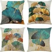 Sweetwill Set of 4 Decorative Cushion Covers 45 x 45 Linen Jungle Throw Pillow Cases Gold Teal Farmhouse Natural Cushion Covers 18x18 Sofa Cushions Modern Living Room Outdoor Garden