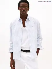 Tommy Hilfiger White Regular Fit Flex Poplin Stripe 100% Cotton Shirt (F55139) | $196
