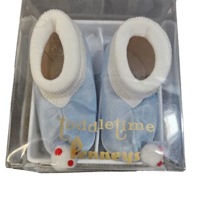 Vtg Pennys Toddletime Baby Booties Blue & White With Animal toe NOS Sz 1