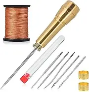 10Pcs Leather Sewing Awl Kit, Leather Sewing Awls Needles with Copper Handles, 45m Long Nylon Cord Thread, Thimbles