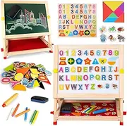 Kids Wooden Easel Double-Sided Tabletop Drawing Board Magnetic Whiteboard Chalkboard Table Easel with Letters Numbers and Other Accessories for Boys Girls 3 4 5 6 7 8 Year Old