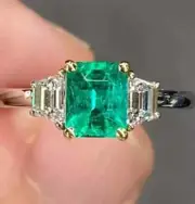 Art Deco 2.7Ct Lab Created Emerald Three-Stone 14K White Gld FN Ring