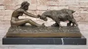 Handcrafted Bronze Sculpture: Nude Girl with Goat by Gory, Art Nouveau Statue