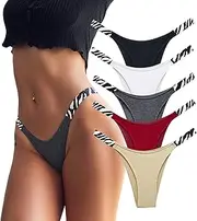 [GERUISI] Cotton G-String Thongs for Women Stretch Bikini Underwear No Show Ladies Cotton Panties 5 Pack Set